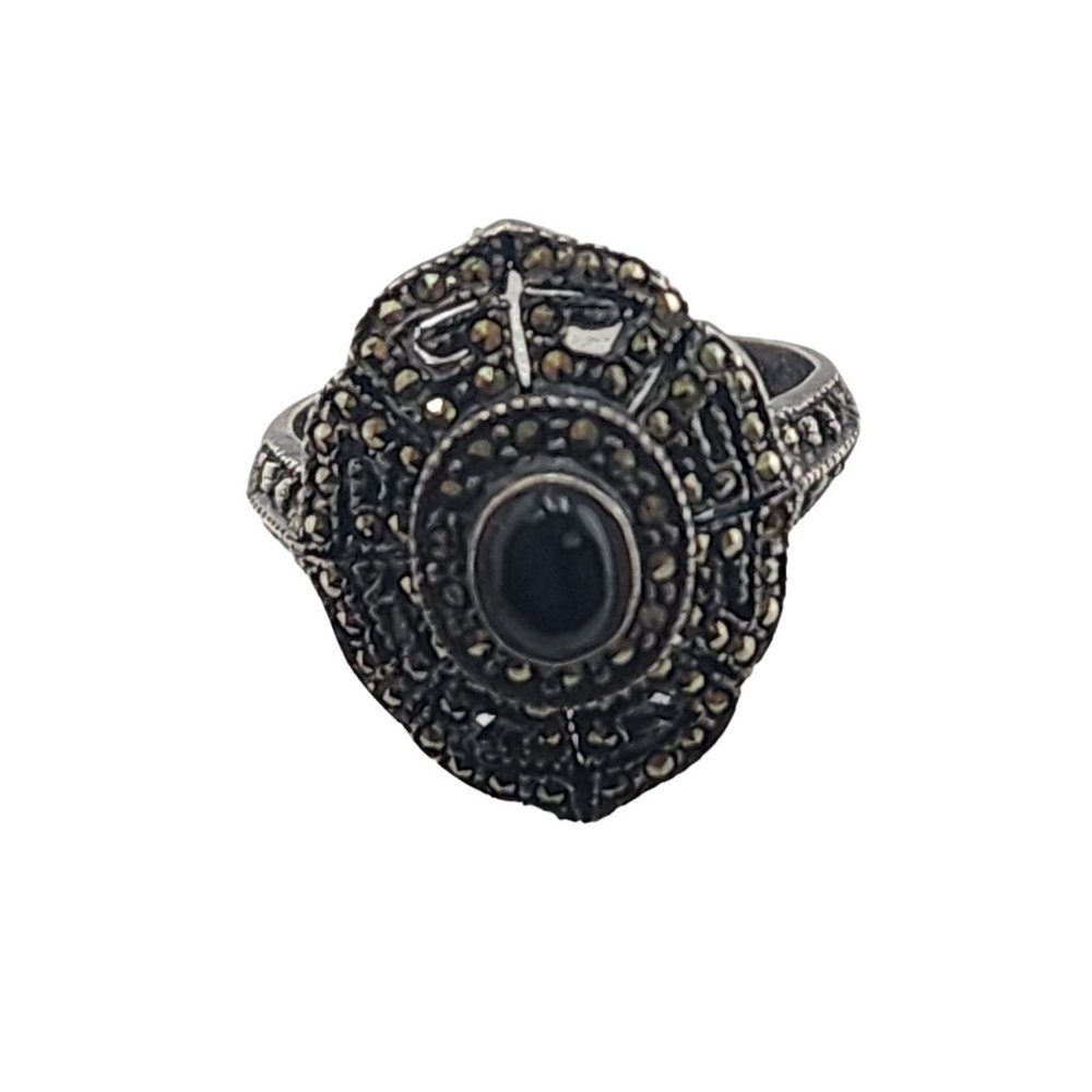 Vintage Sterling And Marcasite Onyx Art Deco Ring Sz 6.25 (A6165)
